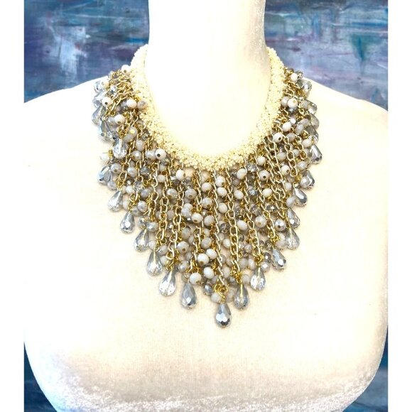 Statement Bib Necklace With White Beads Gray Crystals & Gold Chains By Ailema - Picture 1 of 8